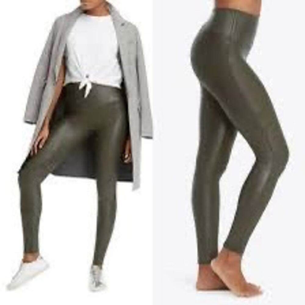 SPANX Faux Leather Leggings in Dark Olive Green Size L *EUC